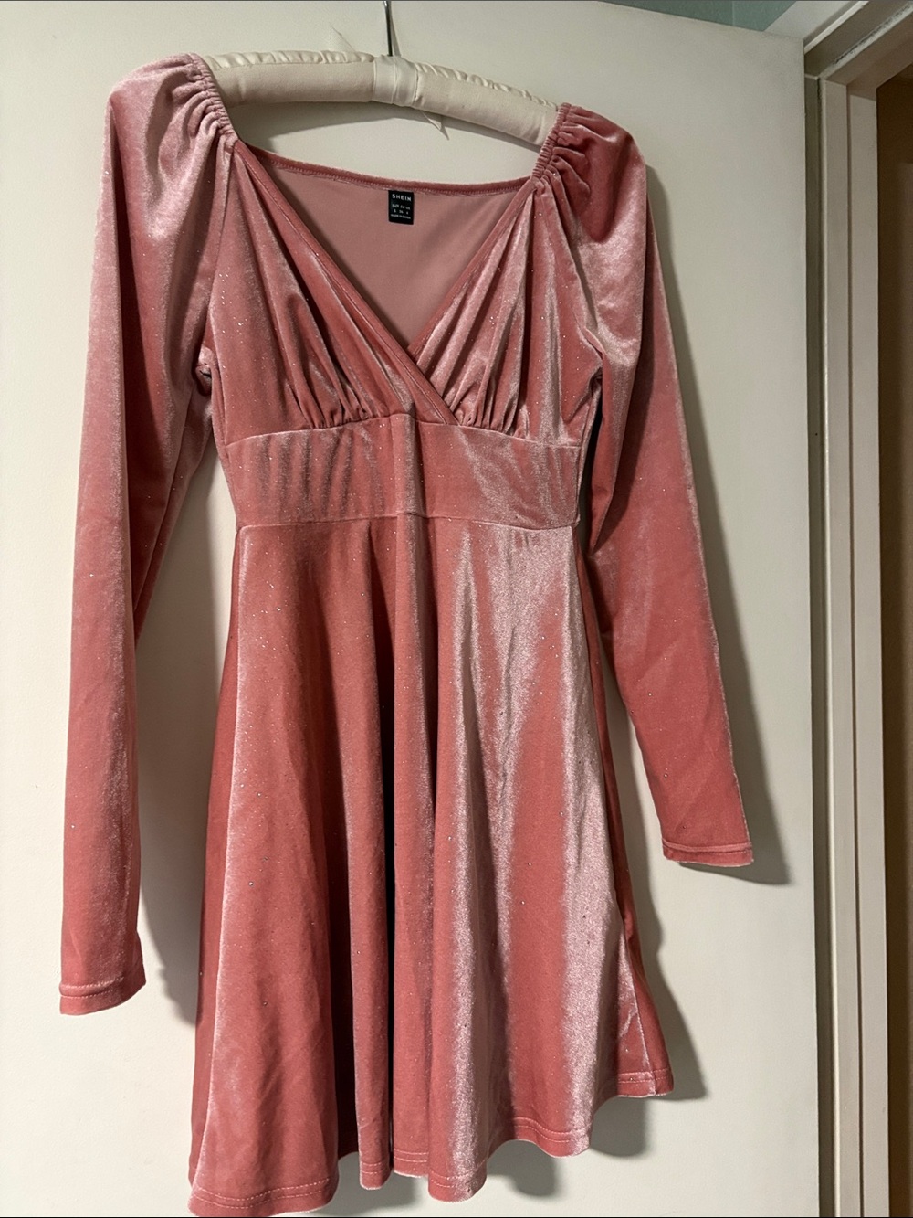 SHEIN Blush Pink Velvet Sparkly Long-Sleeve V-Neck Dress